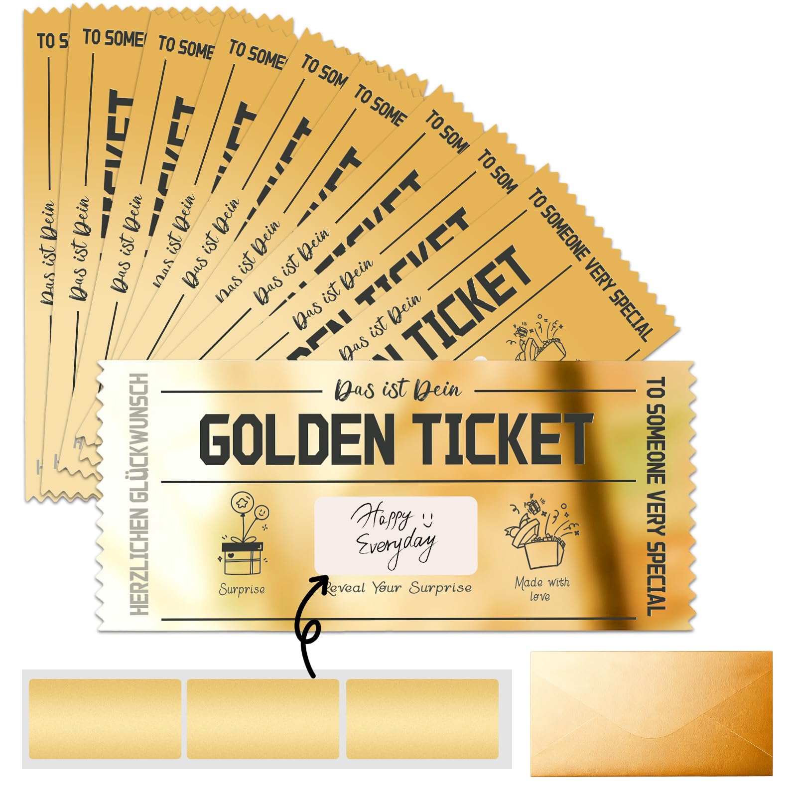 10 Pieces Golden Ticket Surprise Scratch Off Cards with Envelopes,Make Your Own Special Cards for Birthday,Gifts for Girlfriend,Wife,Valentine's Day,Wedding Card,Christmas Card
