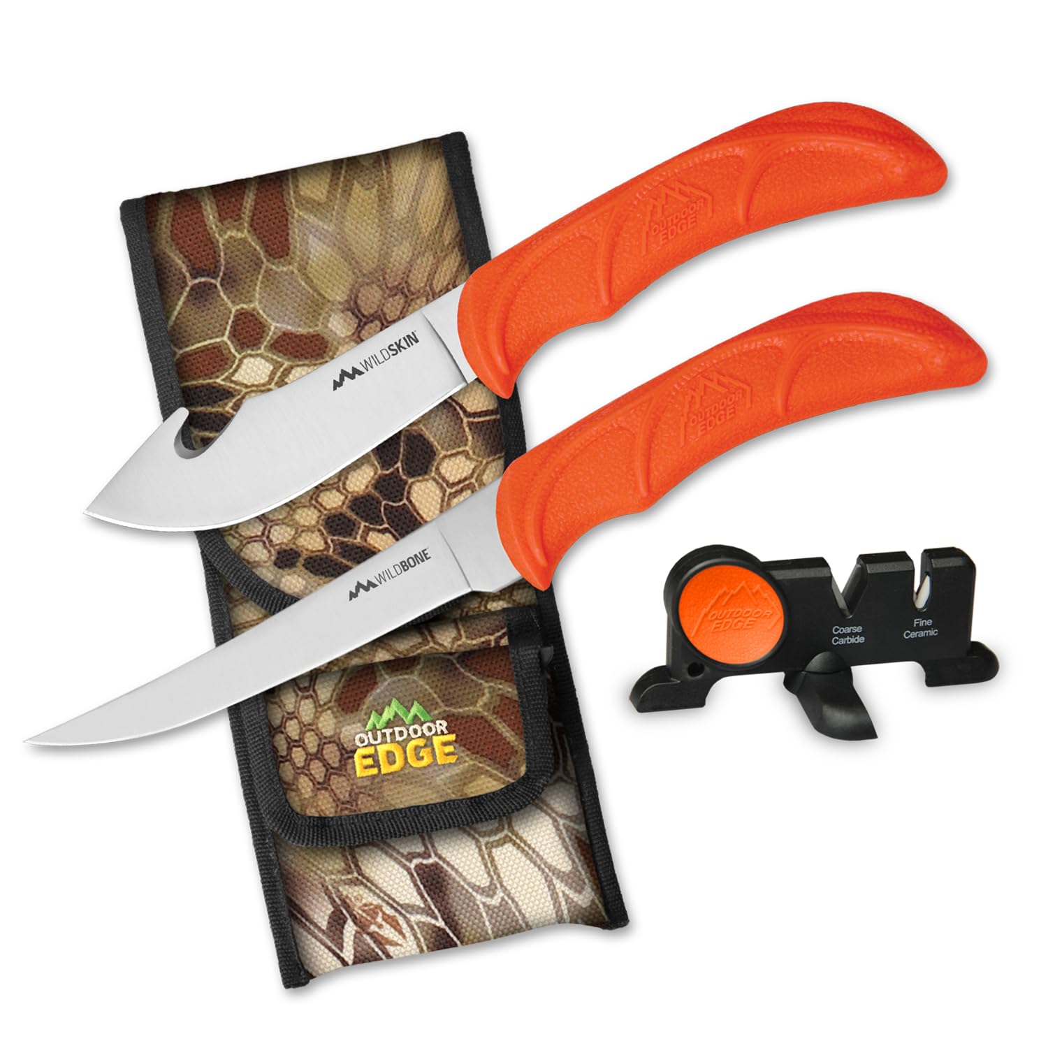 WildBone, 4-Piece Hunting Knife Set, Field Dressing & Game Processing Knives - Gut-Hook Skinning & Boning/Fillet Knife, Carbine/Ceramic Sharpener, Camo Belt Scabbard - Deer & Elk