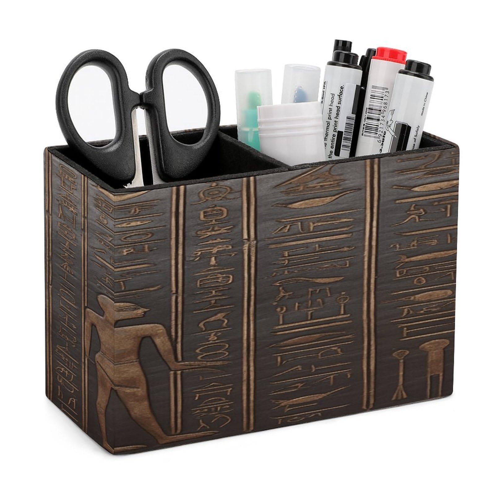 VstaDank Ancient Egyptian Hieroglyph Pencil Holder for Desk Organizer 2 Compartments Pen Cup Leather Square Pen Holder Pencil Cup Stand Makeup Brush Holders for Desktop Organizer Storage Case