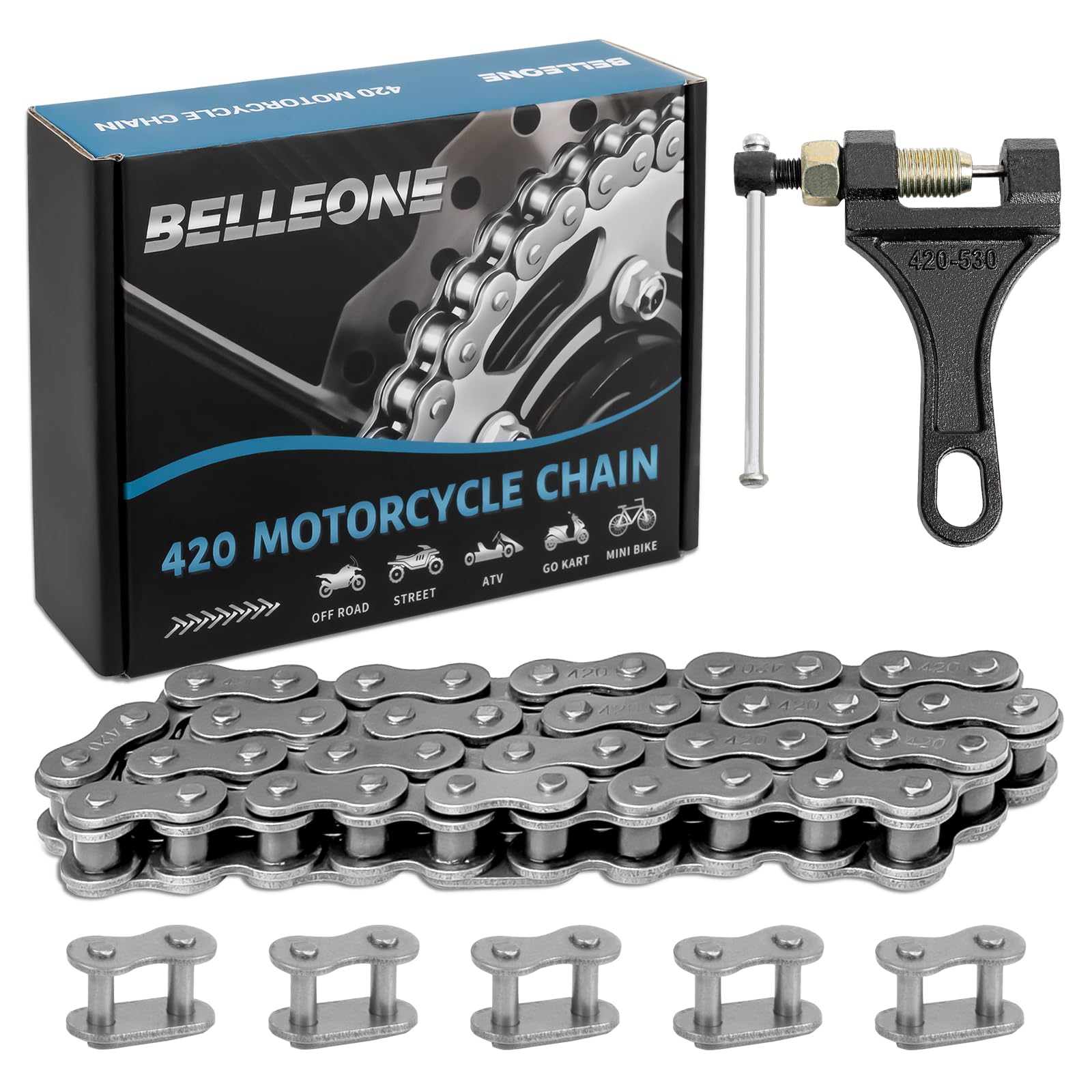 Belleone420 Motorcycle Roller Chain 42 Links for Mini Dirt Bike, 420 Drive Chain with Chain Breaker Fits for 196cc Cole Man CT200U CT200U-EX BT200X Baja Warrior MB200 MB165, with 5 Free Master Links