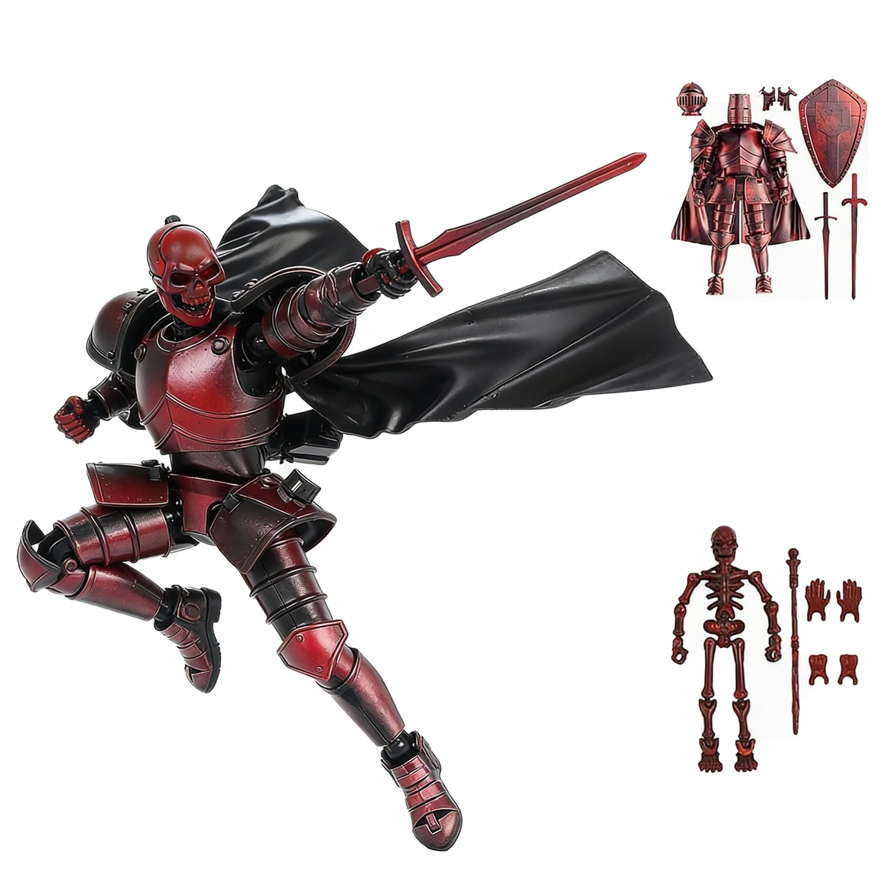 T13 Skeleton Knight Model Kit DIY Medieval Fantasy Action Figure with Interchangeable Armor, Sword and Shield,Posable Assembly Figure for Adults and Collectors (Assembly Required) (Red)