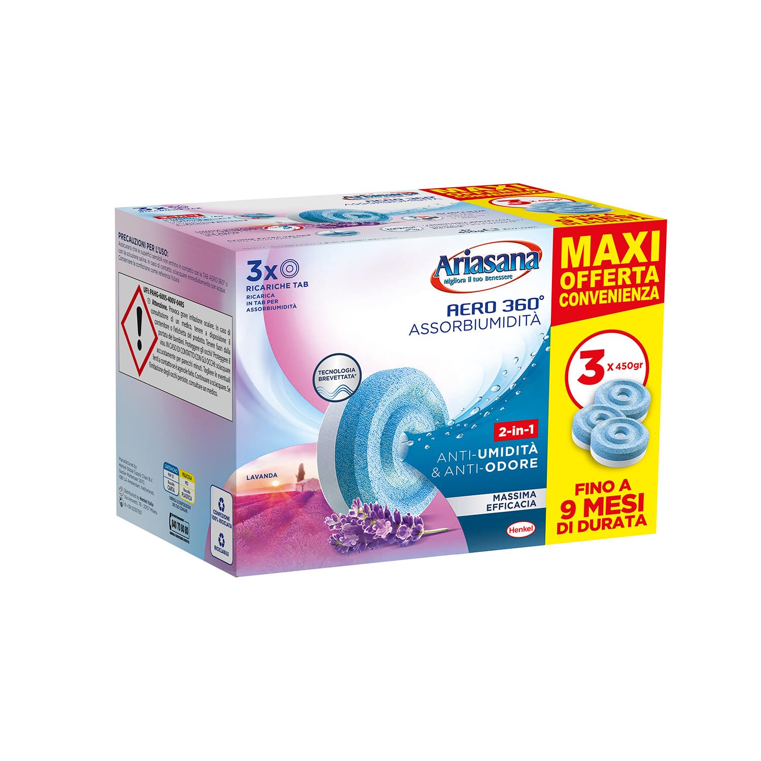 Ariasana Tripack Lavanda, Ariasana Aero 360° Ricarica per Dispositivi con Capacità ≥ 450g, Tab Profumate Assorbi Umidità, Ricarica Tab contro i Cattivi Odori, 1 Confezione da 3 Tab da 450g