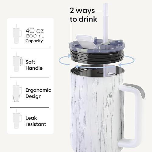 Miniatura 10 de O'JAY Vaso aislado de 40 onzas con asa y tapa con popote, 100% a prueba de fugas, taza de viaje apta para portavasos - Vaso aislado de acero
