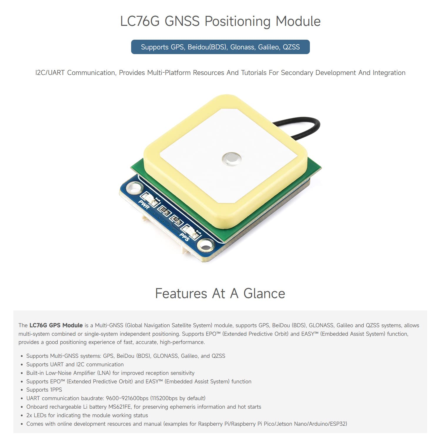 Waveshare LC76G Multi-GNSS Module Compatible with Raspberry PI, Supports GPS, BDS, GLONASS, Galileo, QZSS,Provides Multi-Platform Resources and Tutorials for Secondary Development and Integration