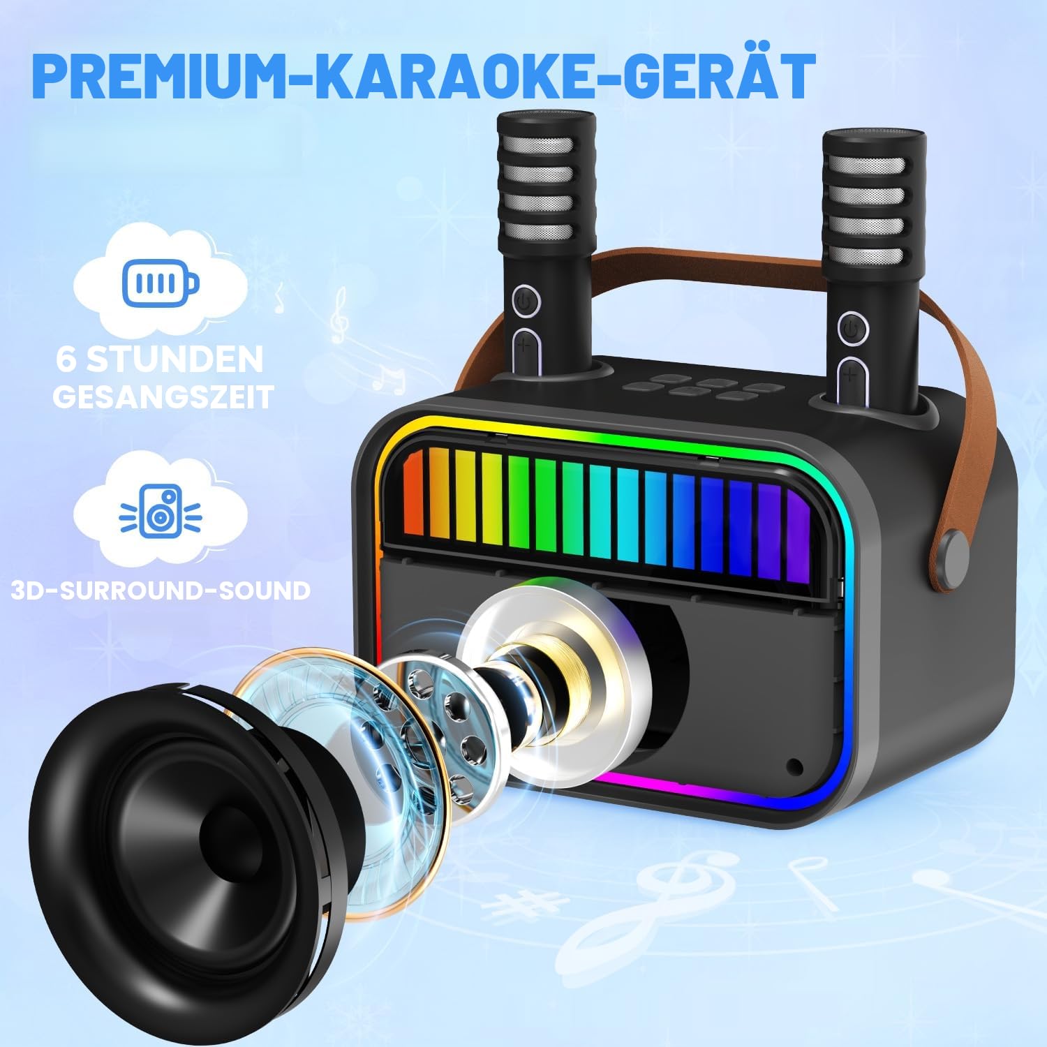 Karaoke Maschine für Kinder und Erwachsene, Kinderspielzeug für 3–12 jährige Mädchen Geburtstagsgeschenk, tragbarer Karaoke Maschine mit 2 Mikrofonen, Mädchengeschenk für Mädchen (Schwarz)