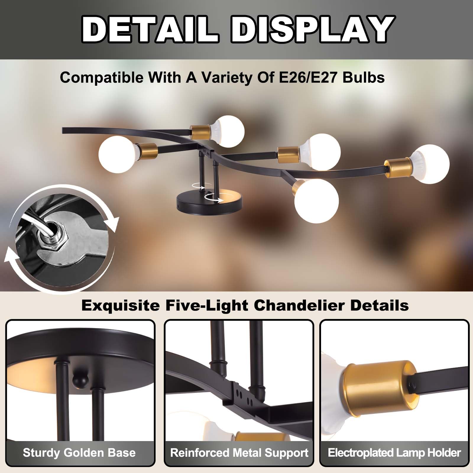Lampadario Camera Da Letto Industrial, E27 Plafoniera Soffitto Vintage Sputnik, Illuminazione Per Interni, Soggiorno, Cucina, Pranzo, Ufficio, 5 Luci Nero/Oro 86CM （Lampadina Non Inclusa）