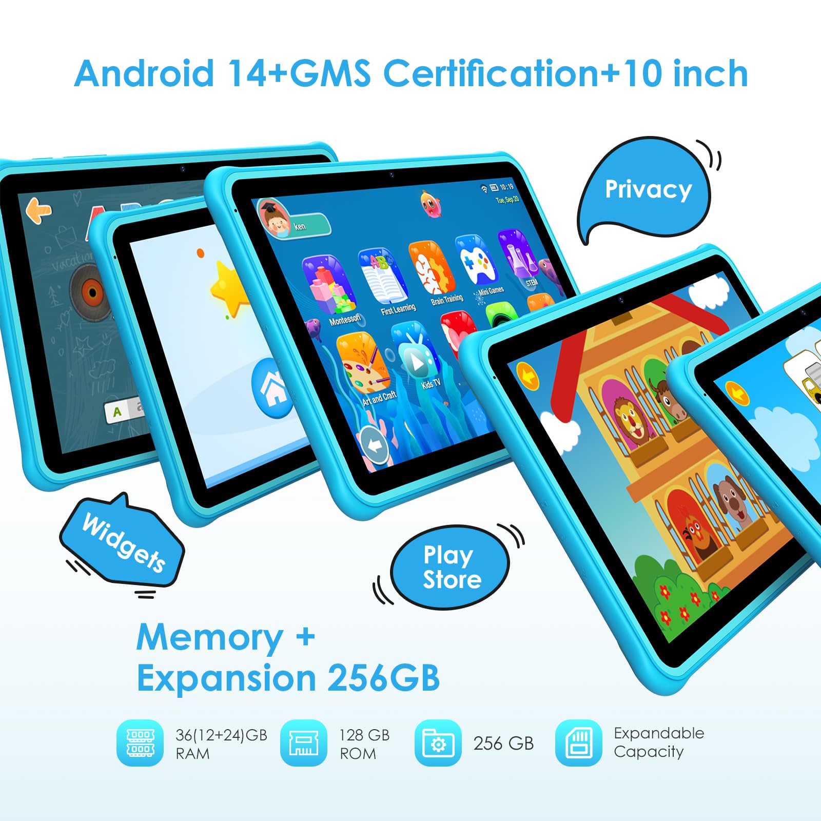 FASTWD Tablet bambini 10 pollici Andorid 14 Tablet educativo,36GB RAM 128 GB ROM (espandibile con SD),WiFi 5G,BT 5.0, 5MP+2MP,controllo genitori, schermo HD IPS,(Blu)