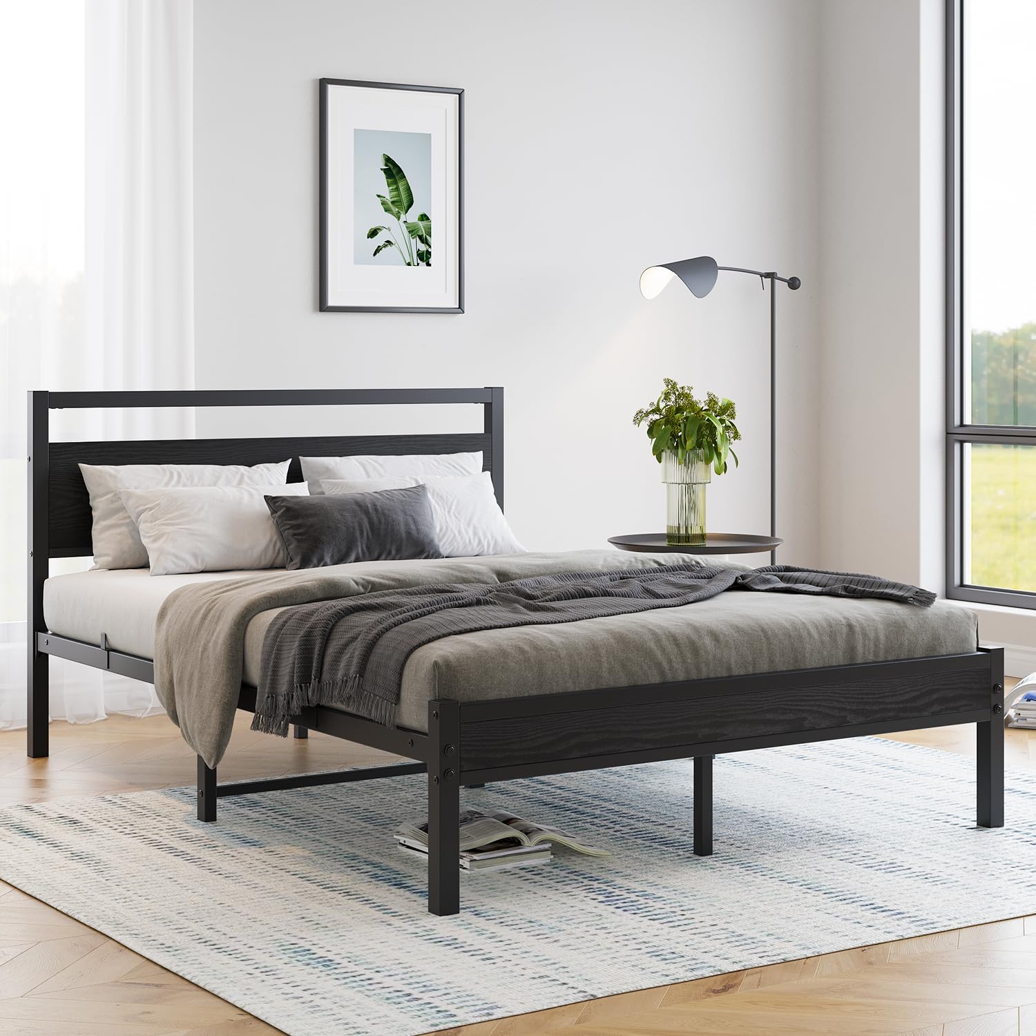 HOJINLINERO Telaio letto in metallo legno, struttura letto in metallo, 120 x 200 cm, con rete a doghe, letto matrimoniale per ragazzi con spazio di archiviazione, colore nero