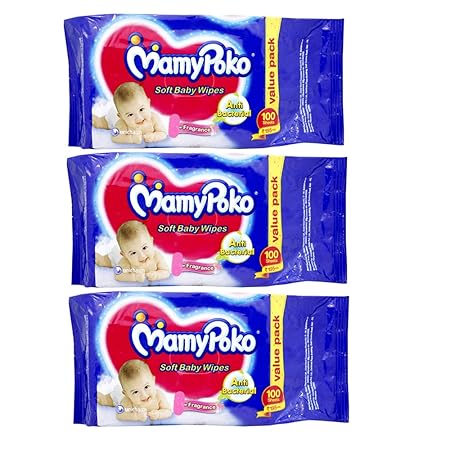 Mamy Poko Pants Babys 100 Count Soft Wipes (White, 0-3 Months) - Pack of 3