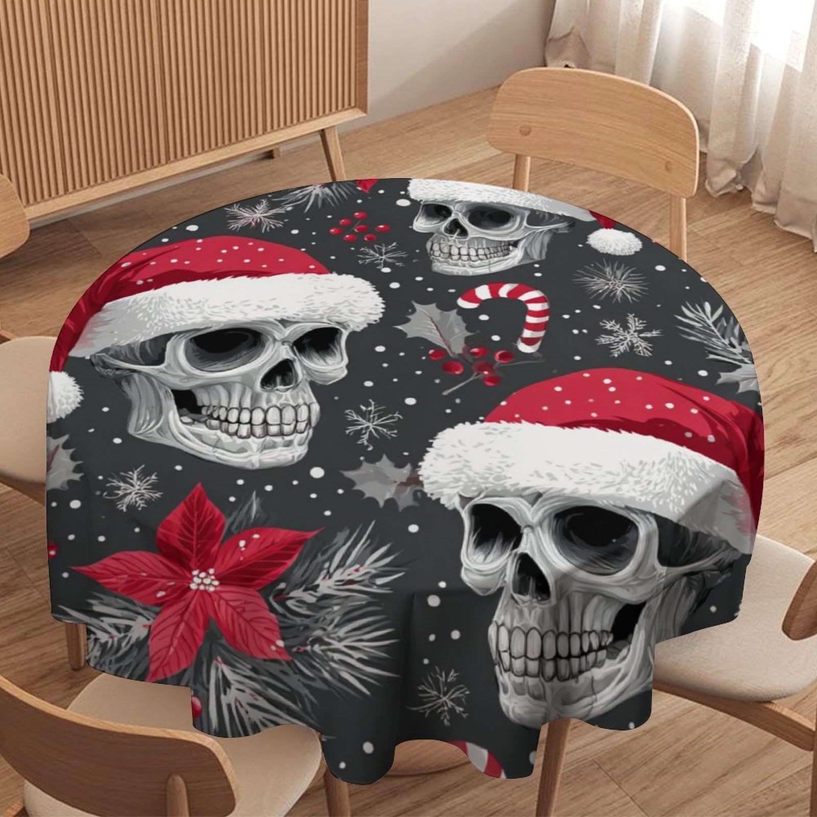 LUYYSKY Modern Classic Skull Round Tablecloth Funny Minimalist Christmas Skull Skeleton Snowflake Pattern Washable Decor for Table Cover for Kitchen-177.8" Wx177.8 L cm