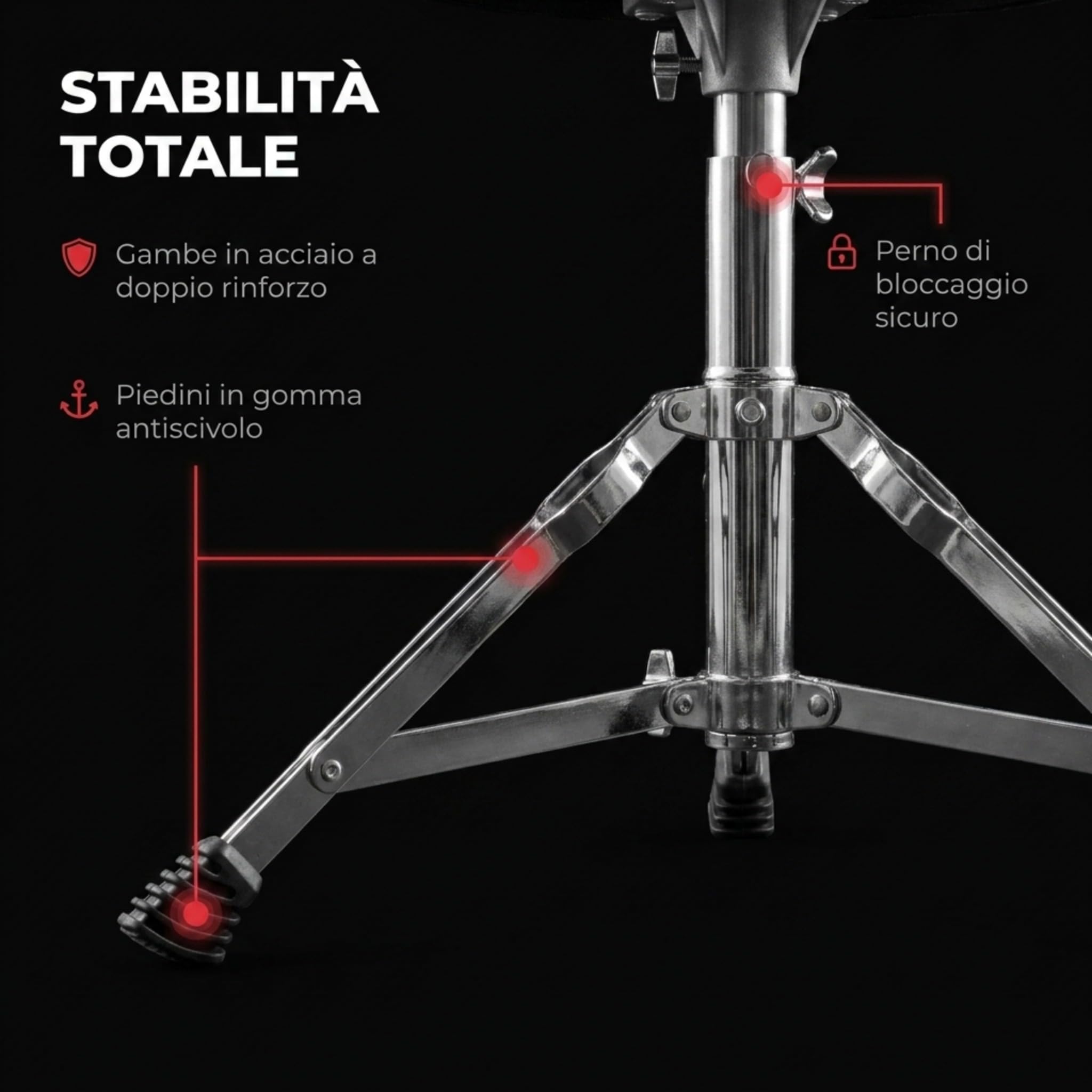 RockJam Sgabello Batteria Regolabile, Sedile Imbottito Girevole per Kit Acustici ed Elettronici, Altezza 45-55 cm, Pieghevole, Nero