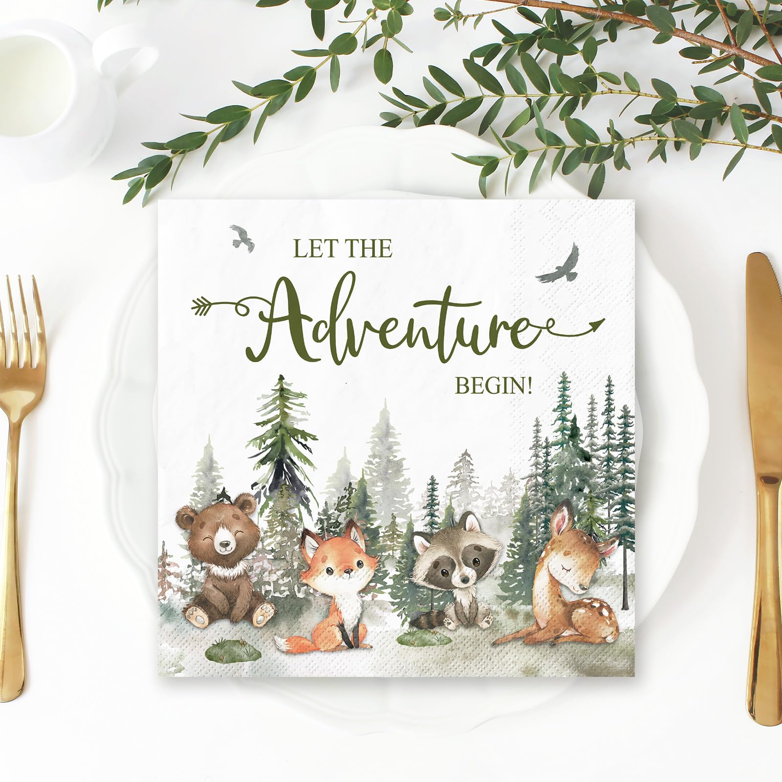 JarThenaAMCS 80 servilletas de papel desechables con texto en inglés "Let The Adventure Begin" para decoración de mesa de fiesta de baby shower