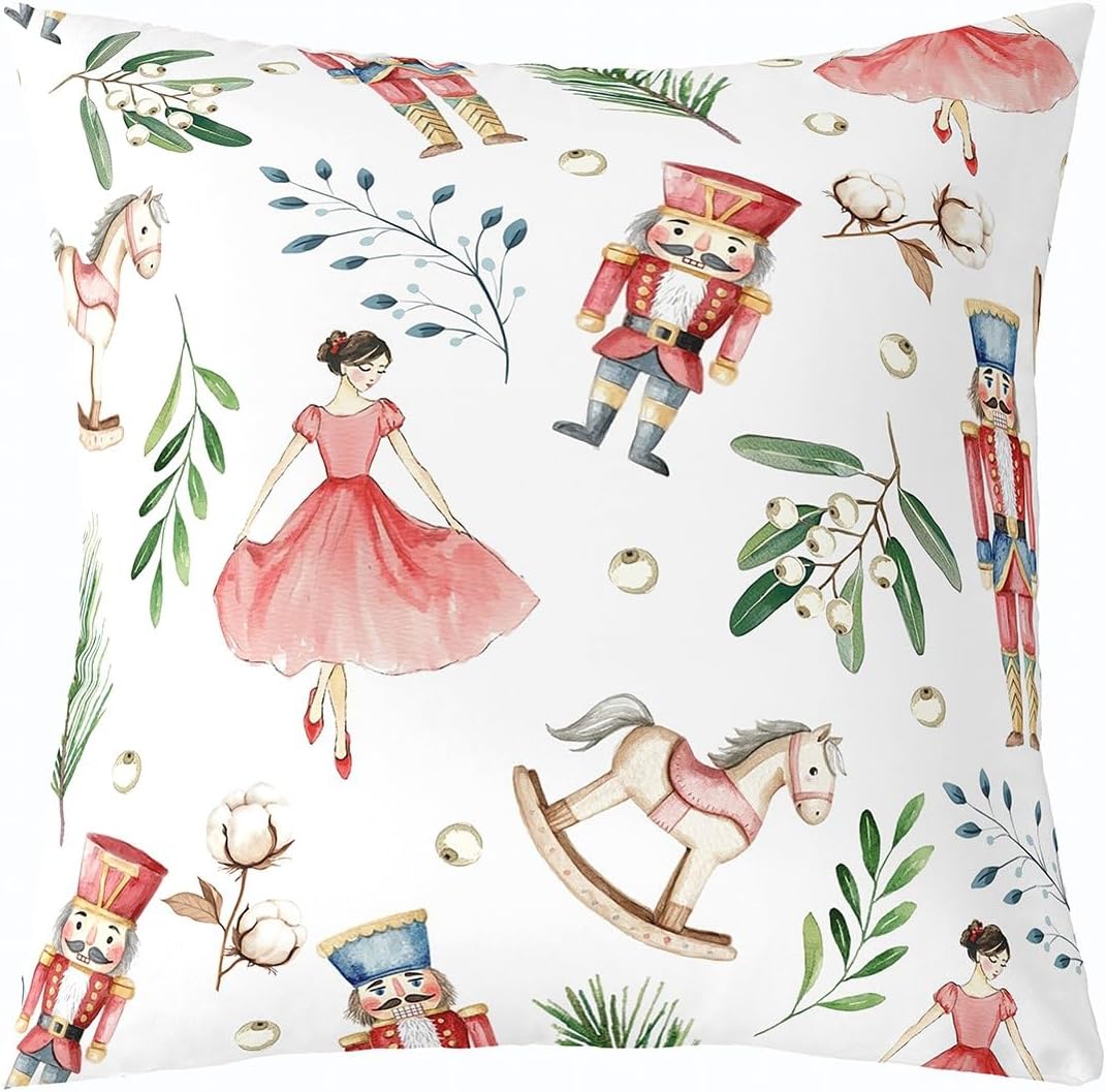 Erosebridal Pack of 1 Pink Christmas Nutcracker Throw Pillow Covers - Winter Snowflake Pillow Cases for Girls Kids, Winter Themed Cushion Covers 24x24, Cute Xmas Decorations Pillowcases