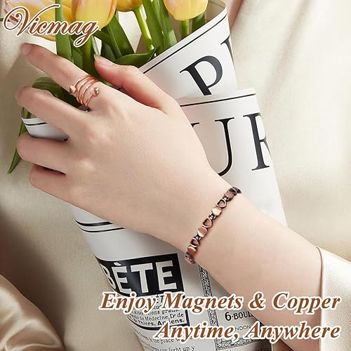 Vista 7 de Vicmag Pulsera de cobre para mujer, pulseras magnéticas ultra resistentes con imanes eficaces, 99.9% de cobre puro, joyería de regalo con Love