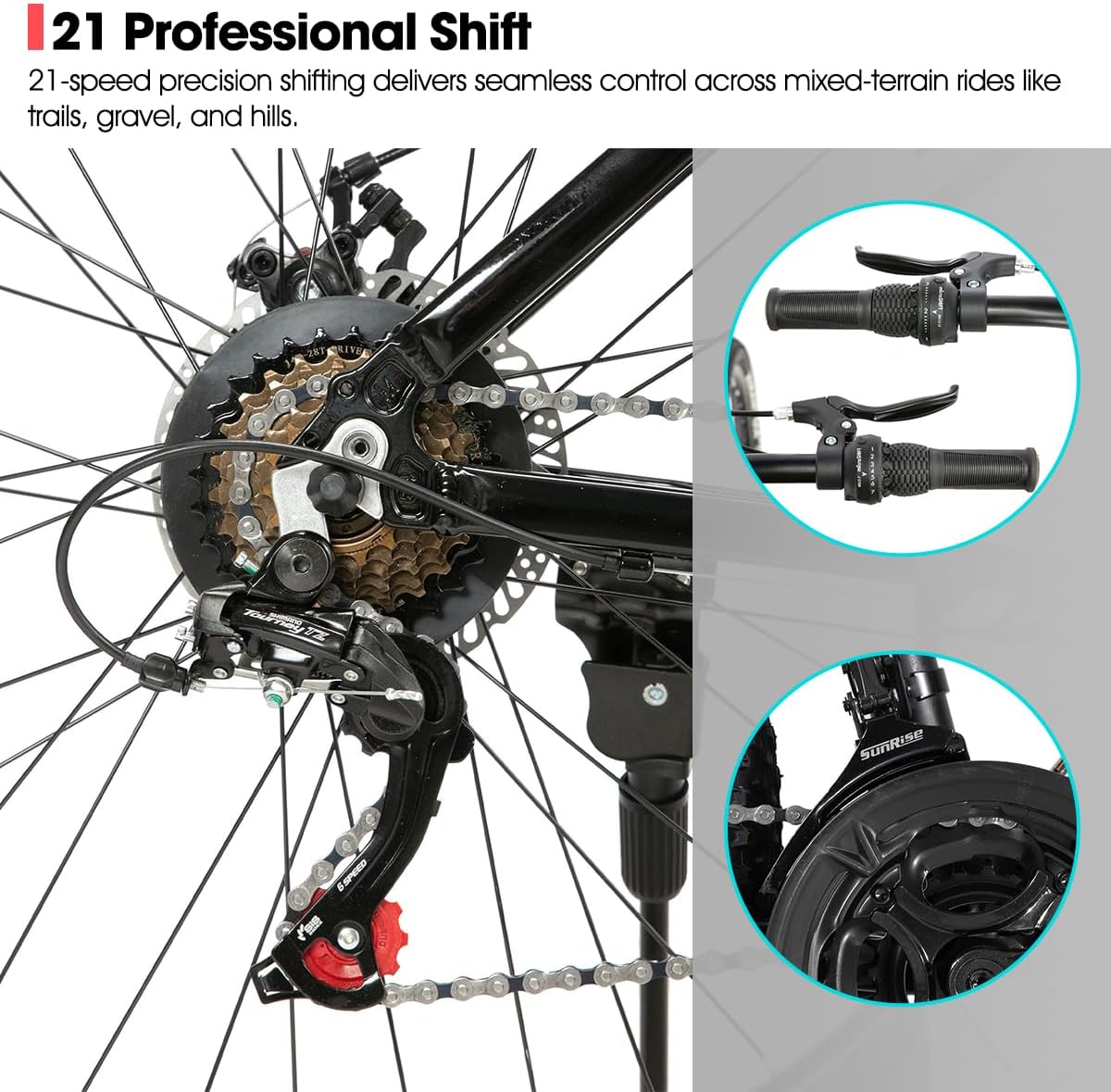 HILAND Mountain Bike for Men and Women, 21-Speed Adult Bicycle with Lightweight Aluminum Alloy Frame, Dual Disc Brakes, 26/27.5 Inch MTB Trail Bike for Cross-Country Commuting and Trail Riding