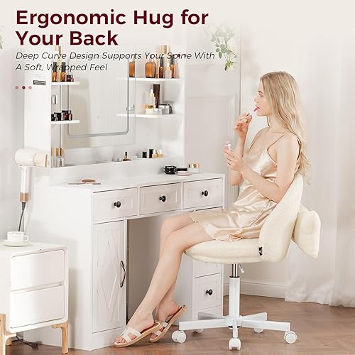 Miniatura 8 de GTRACING Velvet Tall Office Chair with Wheels Vanity Chairs with Back, Versatile Height Use: Office to Bar Stools Small Ergonomic Comfy Armlees