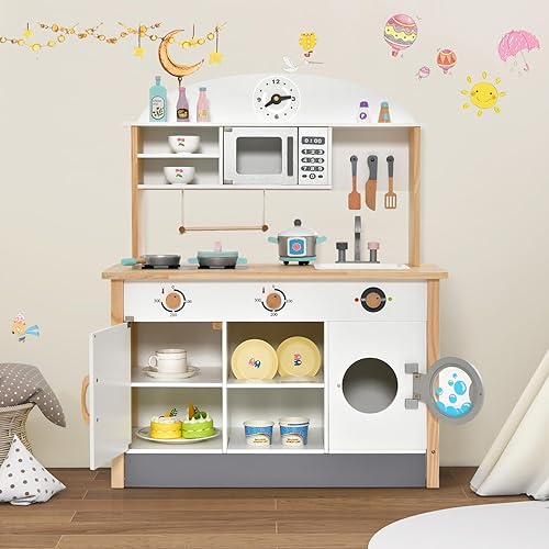 Miniatura 8 de HONEY JOY Juego de cocina para niños, cocina de madera para niños pequeños, microondas, lavadora, fregadero, 15 accesorios de cocina, juego de