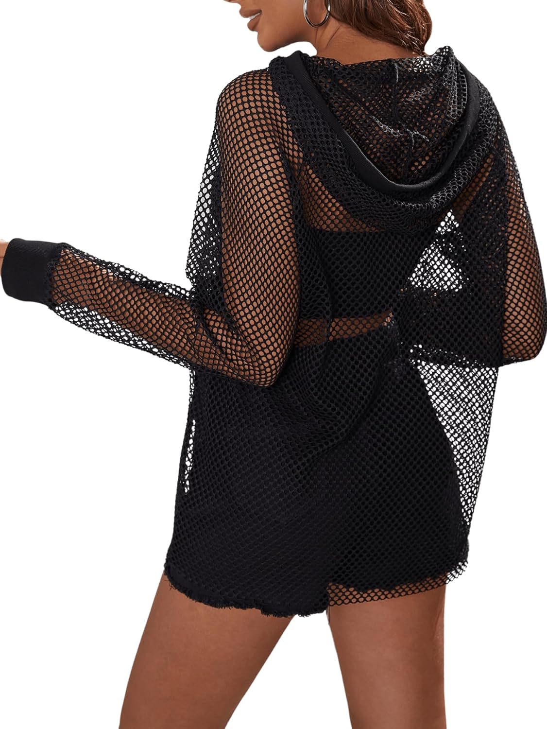 Verdusa Women's Hollow Out Drawstring Hoodies Long Sleeve Sheer Hooded Sweatshirt Tops - Image 2