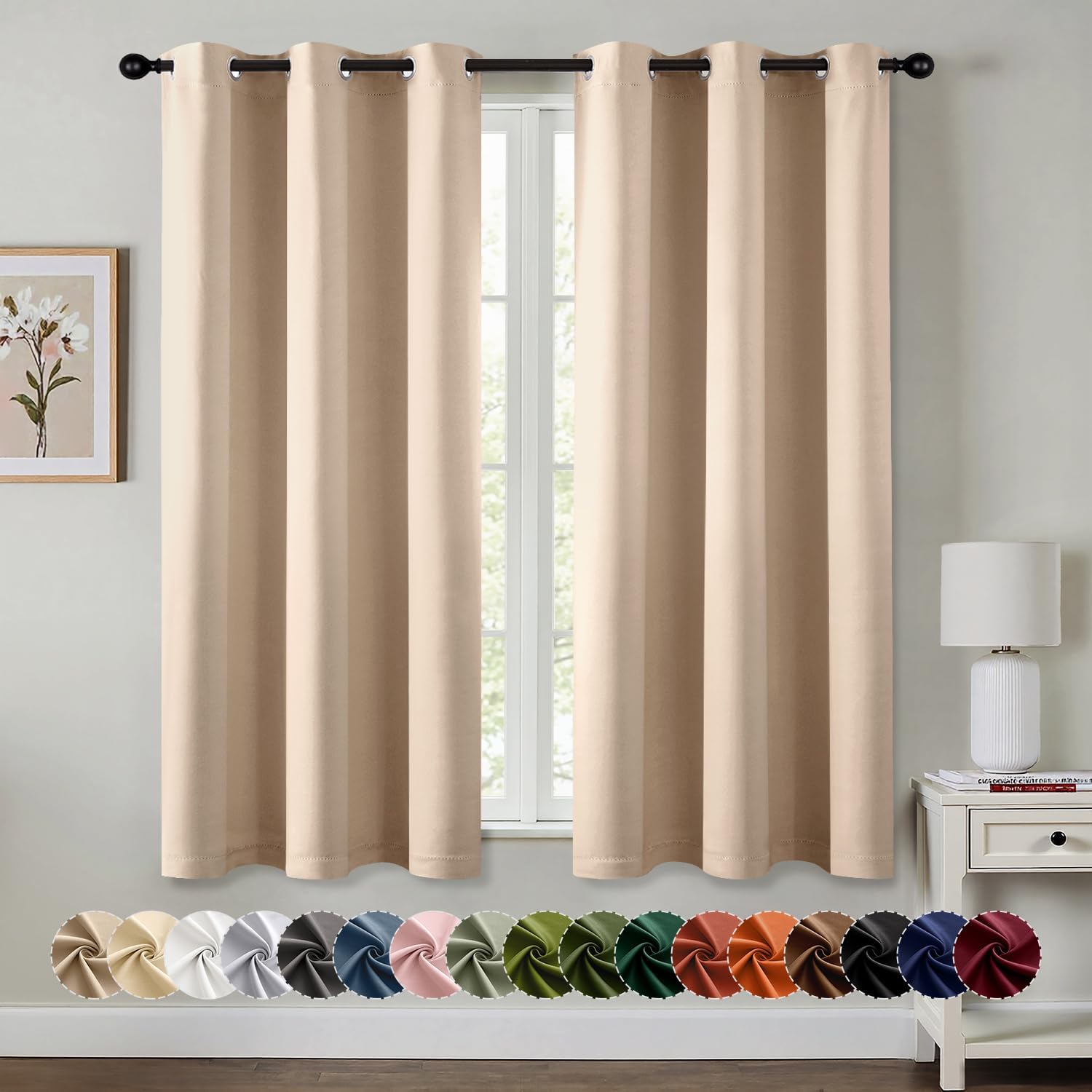 MIULEE Beige Blackout Curtains for Bedroom Living Room 63 Inches Long 2 Panels, Thermal Insulated Room Darkening Drapes Solid Grommet Top Noise Reduction Light Blocking Window Treatments 40x63 Inch 40"W x 63"L (Pack of 2) Beige