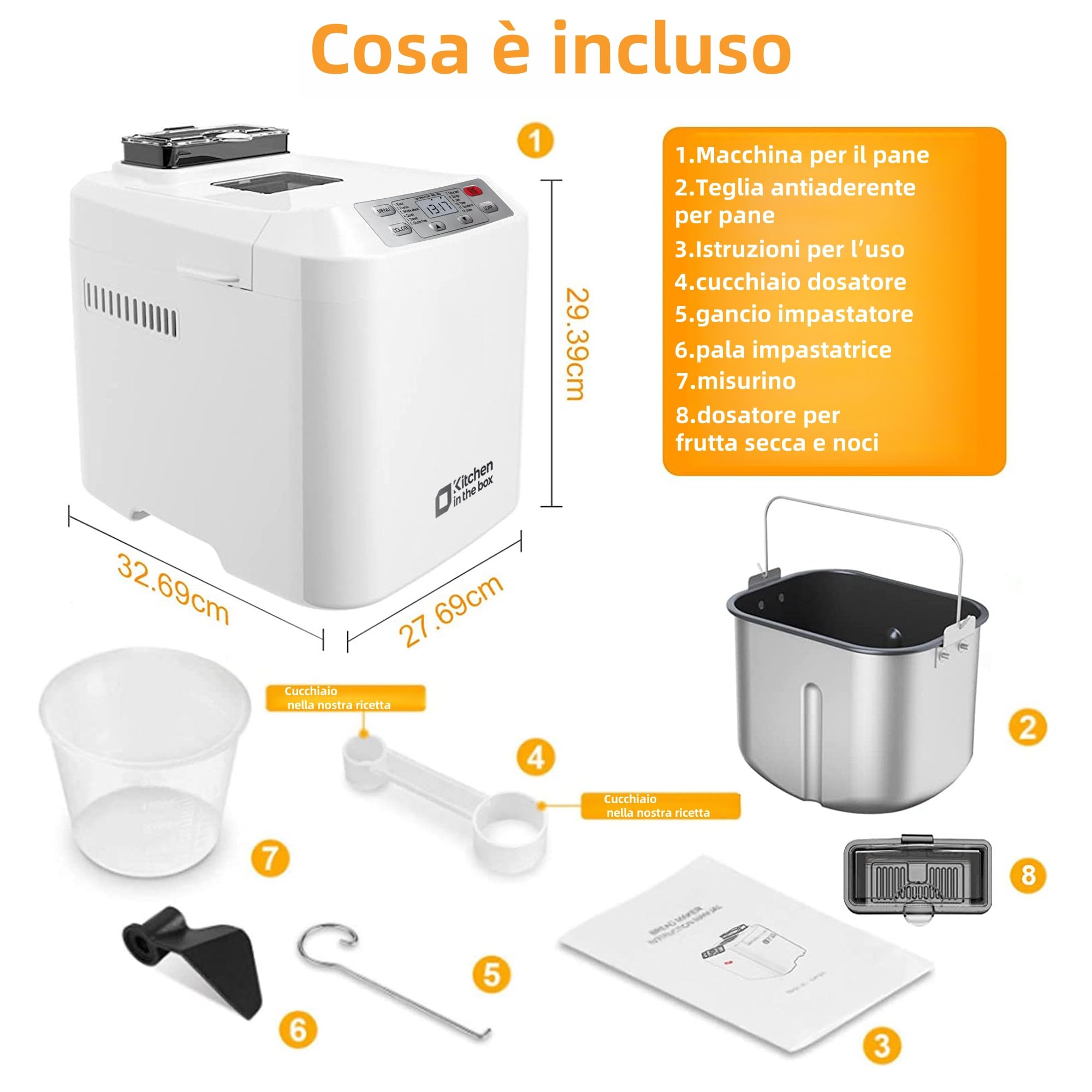 Macchina per il Pane, Kitchen in the Box Macchina del Pane con 12 Programmi, 900g, Senza Glutine, Dispenser Frutta Secca, Teglia Antiaderente, 3 Livelli di Cottura, Timer 13H e 1H Caldo (Bianco)