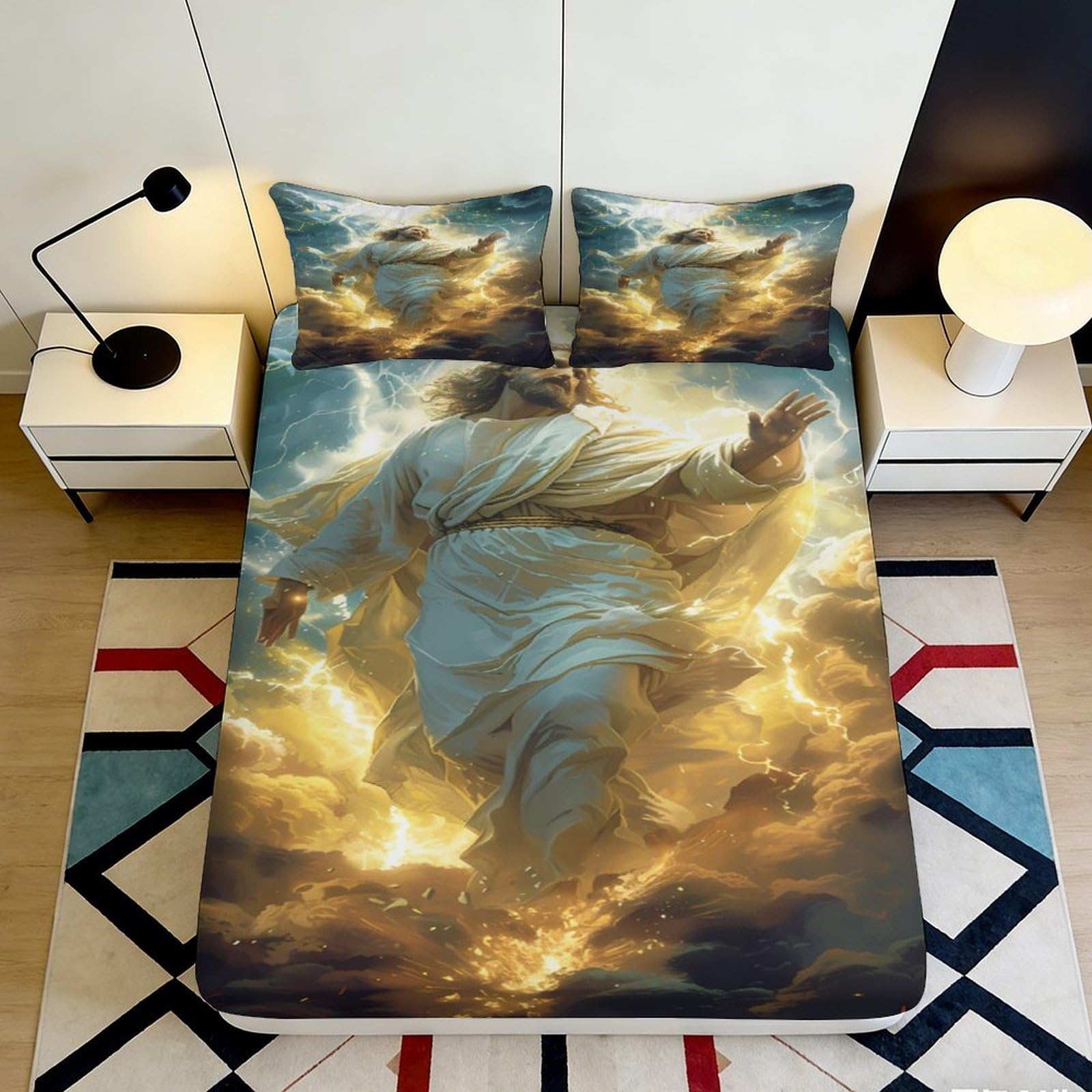 3D Printed Jesus Ascension Fitted Sheet Microfiber Soft White Gold Clouds Bed Cover for Bedroom Guest Room Decor 90x200x25cm