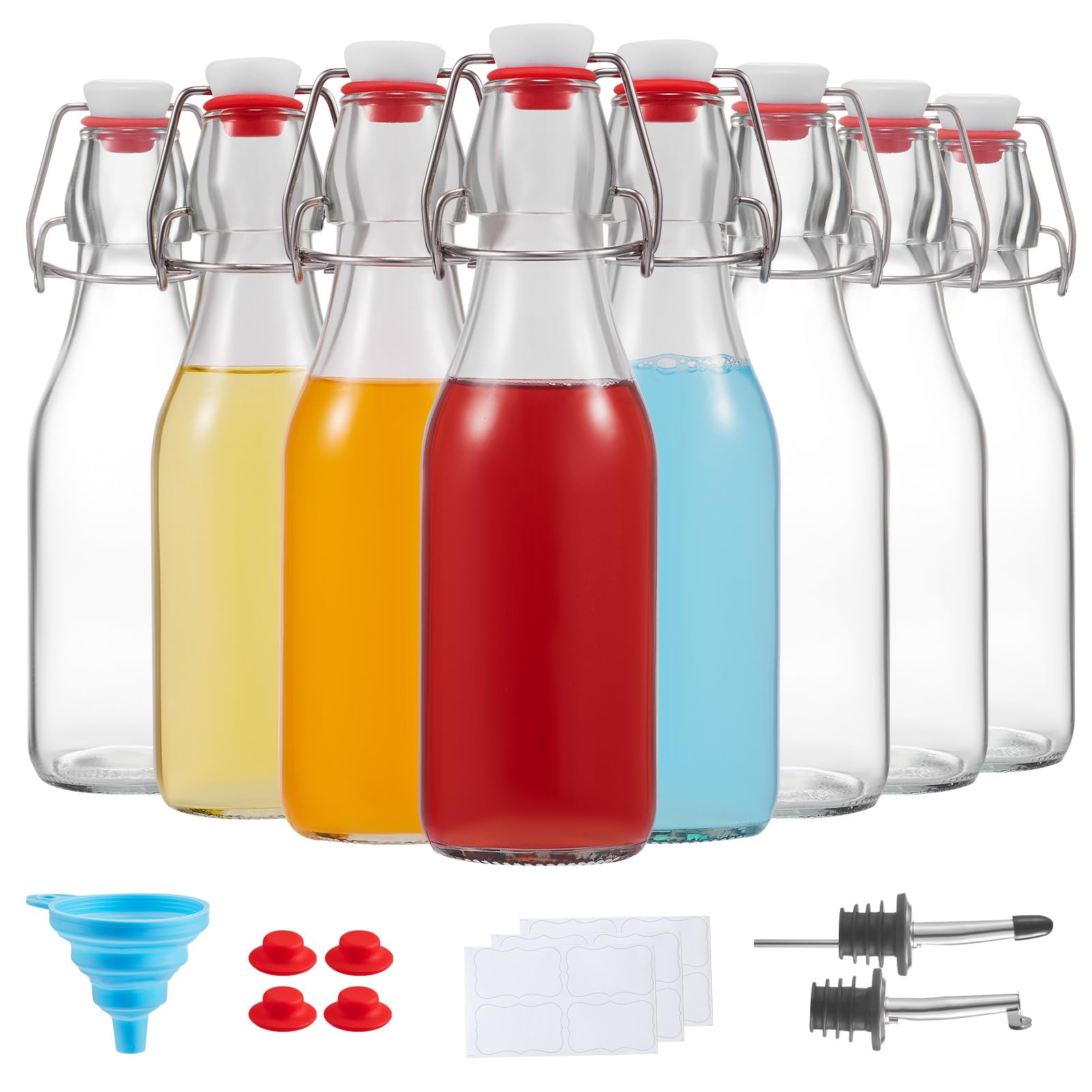 8 Set, 8 OZ Swing Top Glass Bottles - Flip Top Beer Brewing Bottles with Stopper for 2nd Fermentation, Kombucha, Mead Kefir, Vanilla Extract, Juice, Tea, Wine - Airtight Cap Lids, Bonus 2 Pourers