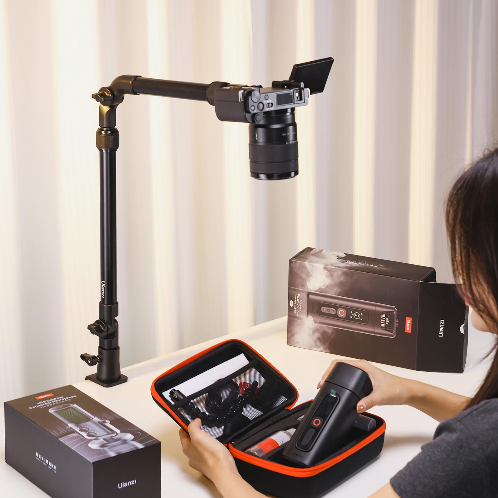 ULANZI ZJ02 Supporto da tavolo per fotocamera da 98 cm, Braccio articolato, Supporto da scrivania per illuminazione per streaming e videogiochi, testa a sfera a 360° per luce ad anello e poriettore