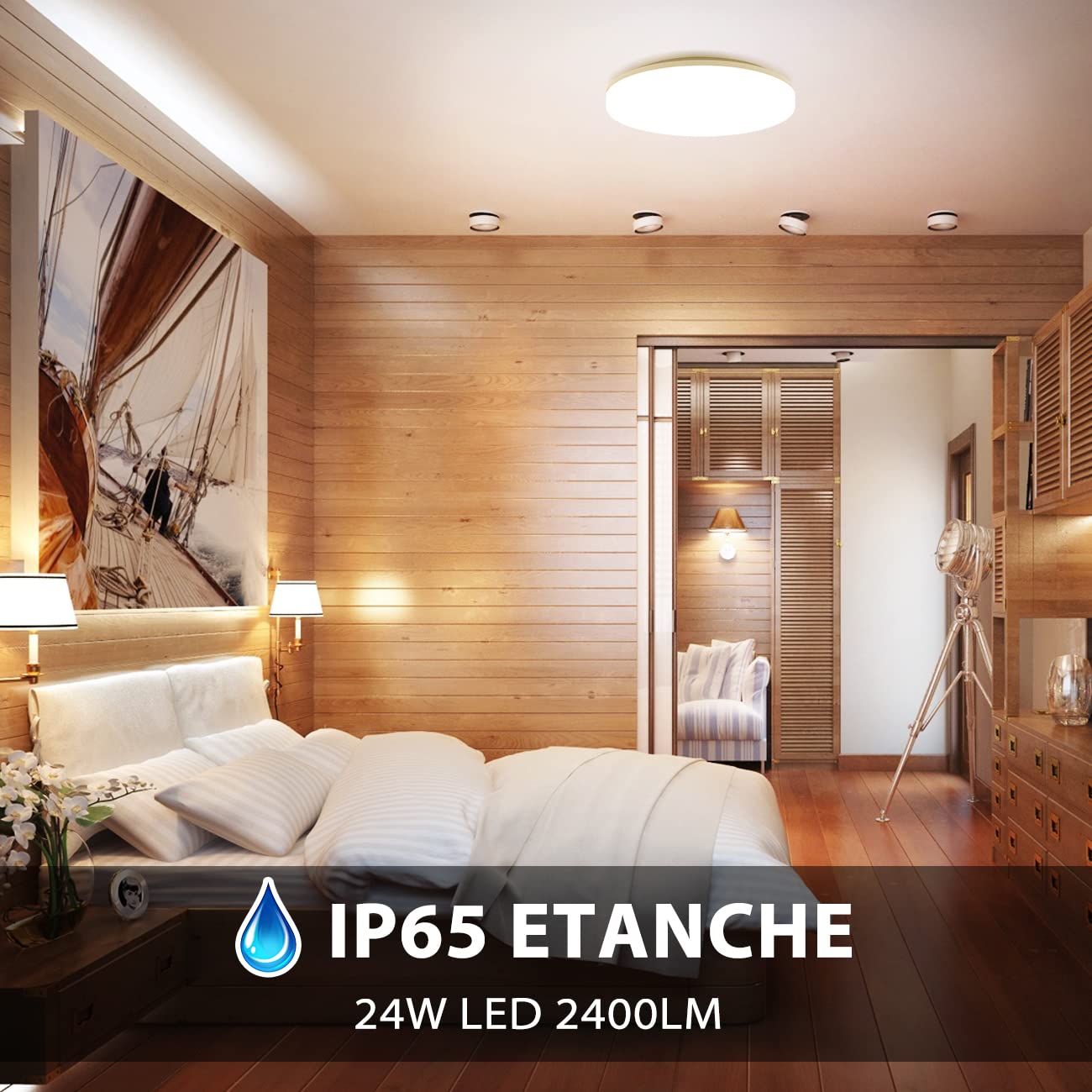 LVWIT 24W Plafonnier LED Rond, Lampe de plafond Imperméable IP65, Parfait pour salle de bain, cuisine, chambre, 2400 Lm, Ultra mince,