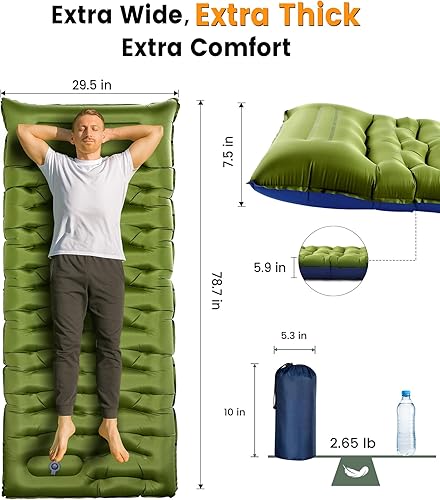 Miniatura 3 de Colchoneta de dormir para campamento, de 5.9 pulgadas de grosor, con almohada integrada y bomba de pie, almohadilla de dormir autoinflable