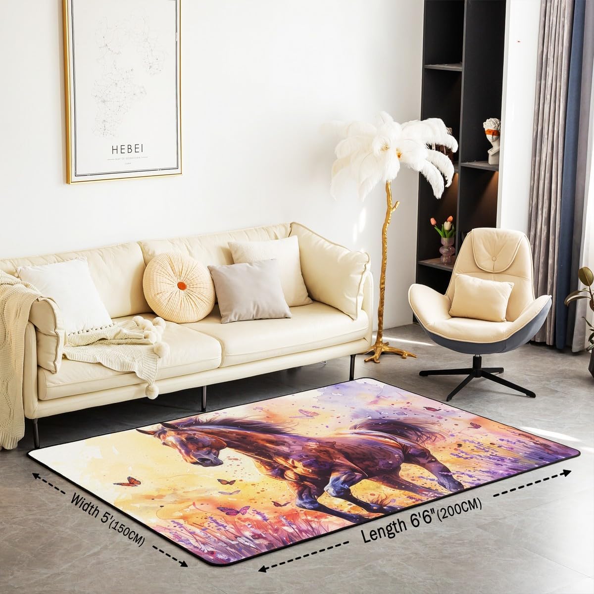 Feelyou Horse Living Room Rugs Set Galloping Horse Area Rug 5x7 for Kids Boys Girls Purple Lavender Decorative Carpet Butterflies Indoor Floor Mat Accent Rug