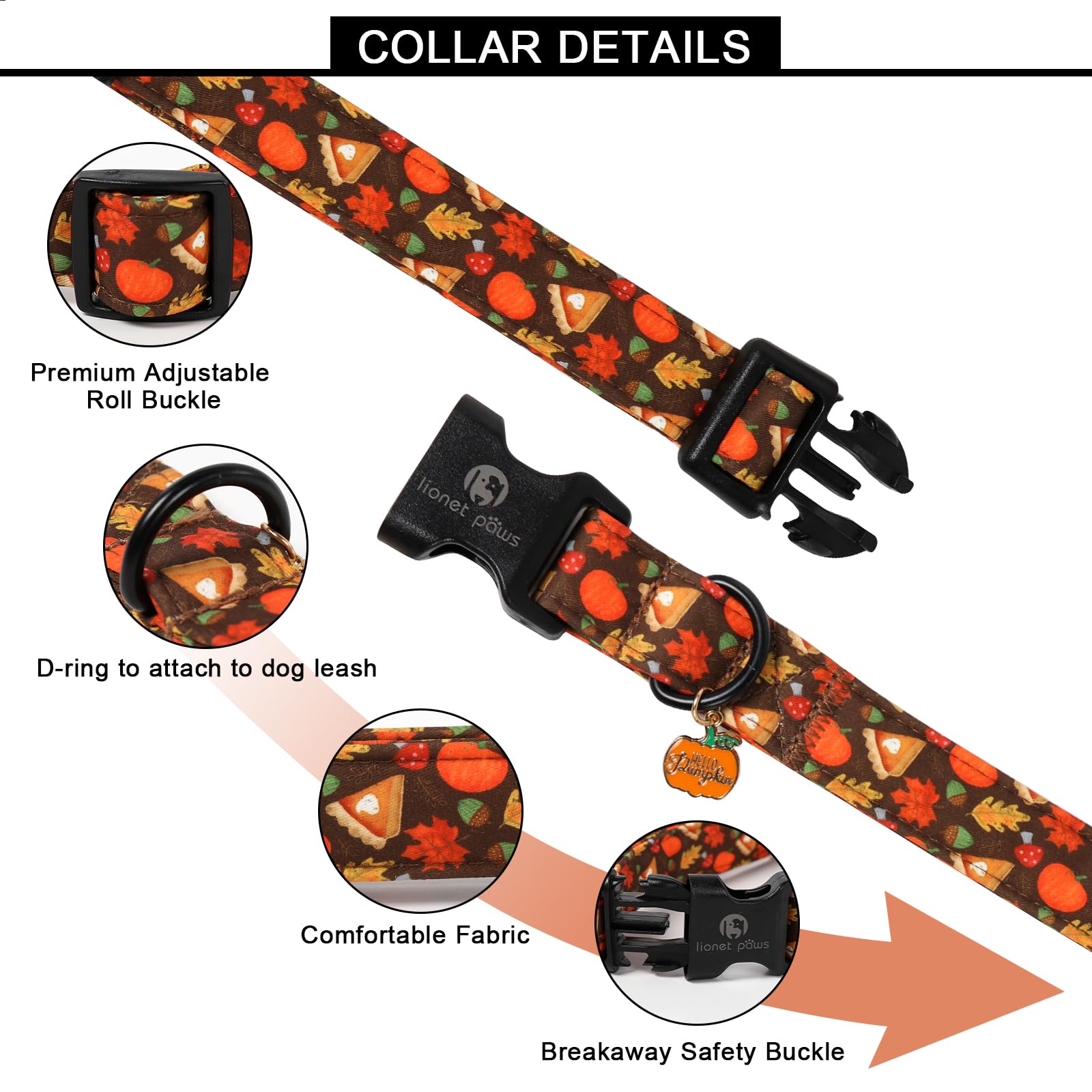 Lionet Paws Halloween Dog Collar- Cute Leaves Brown Dog Collars with Plastic Buckle and Pumpkin Pendant - Image 3