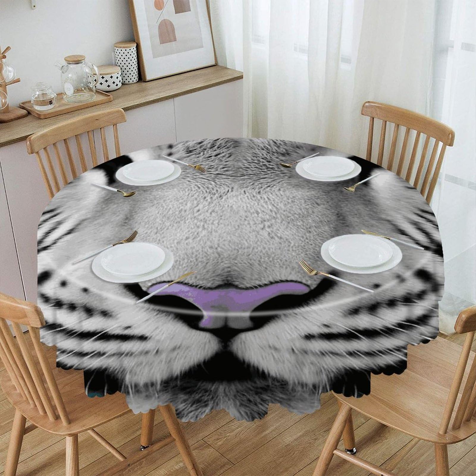 VstaDank Tiger with Teal Eyes Round Tablecloth 60 Inch Easy to Clean Circle Table Cover Thick Decorative Round Polyester Table Cloth for Dining Kitchen Party Farmhouse Outdoor