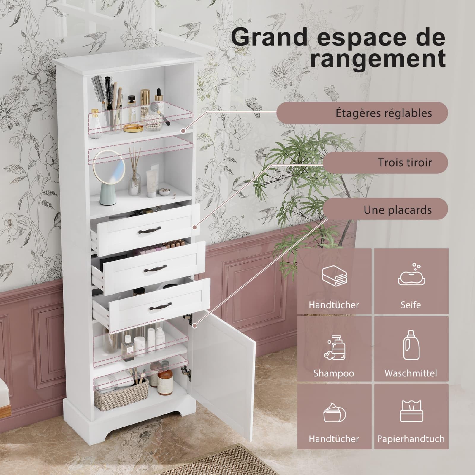 KOMHTOM Meuble d'angle Salle Bain 57.7x46x167.5cm Armoire Rangement 3 Tiroirs 1 Porte Étagères Ouvertes Gain Place Maison MDF Blanc(Blanc - 57.7x46x167.5 cm (Modèle d'angle))