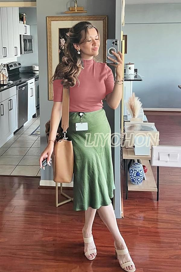 LIYOHON Womens Tops Dressy Casual Mock Turtleneck Business Short Sleeve T Shirts Going Out Tops 2026 Rose Brick-M by LIYOHON - Used condition - Image 4