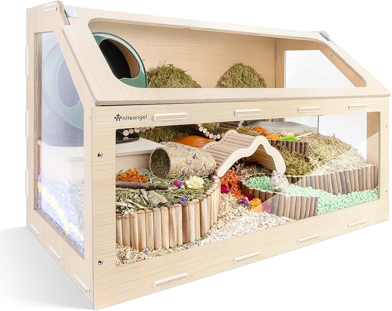 Jaula para hámster Vista con puerta de apertura oblicua – Jaula de MDF Aspen para animales pequeños para hámsteres enanos sirios, ratones Degus u otras mascotas de tamaño similar (pequeño – 32.9 x 17.2 x 21.1 pulgadas, Burlywood)