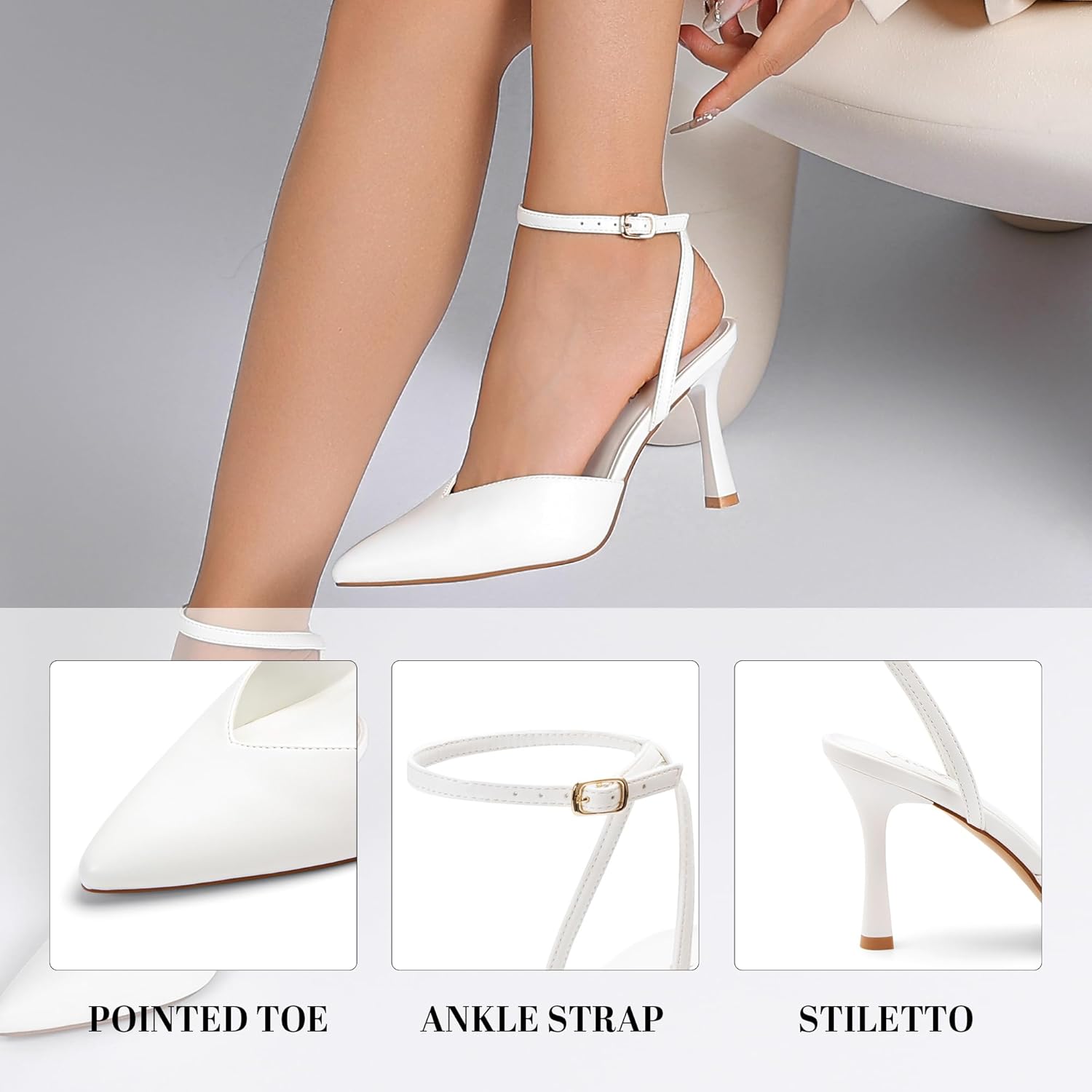 Closed Pointed Toe Kitten Slingback Heels for Women Ankle Strap Pumps Wedding Party Dressy Comfort Shoes - Image 4