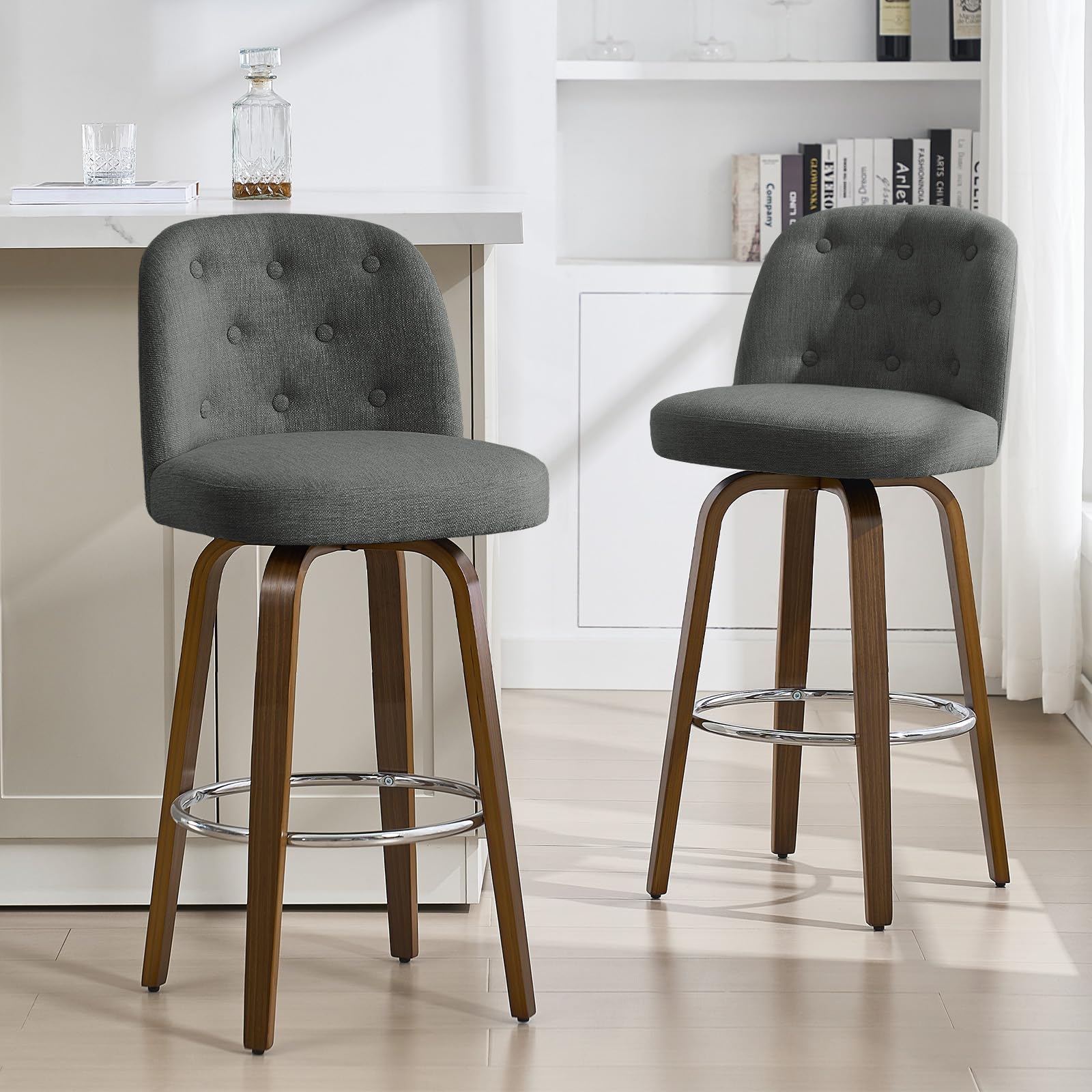 WOOW DEPOT Counter Height Bar Stools Set of 2, 65cm Swivel Mid-Century Modern Barstools with Back, 10cm Thick Padded Seat, Walnut Curved Wood Legs, Upholstered Linen, 150kg Load — image 1