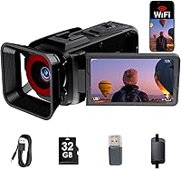 RAZPLYN 4K Camcorder Video Camera: 64MP Photos, 18X Zoom, 3" 270° Flip Screen, WiFi Webcam, 32GB SD Card, 2500mAh Battery - Black