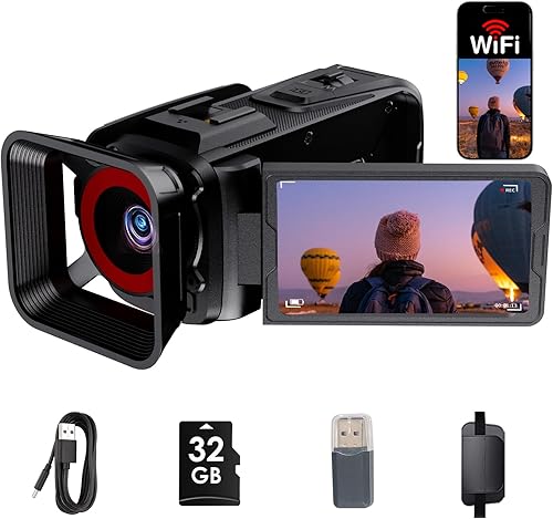Videocámara de cámara de video 4K, 64MP con pantalla abatible de 270° de 3 pulgadas, zoom 18X, WiFi y cámara web para YouTube, tarjeta SD de 32 GB,