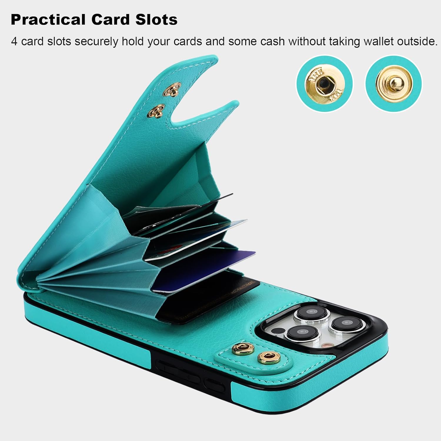 Folosu Compatible with iPhone 15 Pro Max Case Wallet with Card Holder, 360°Rotation Finger Ring Holder Kickstand, RFID Blocking Leather Protective Double Buttons Shockproof Cover 6.7 Inch Green - Image 4