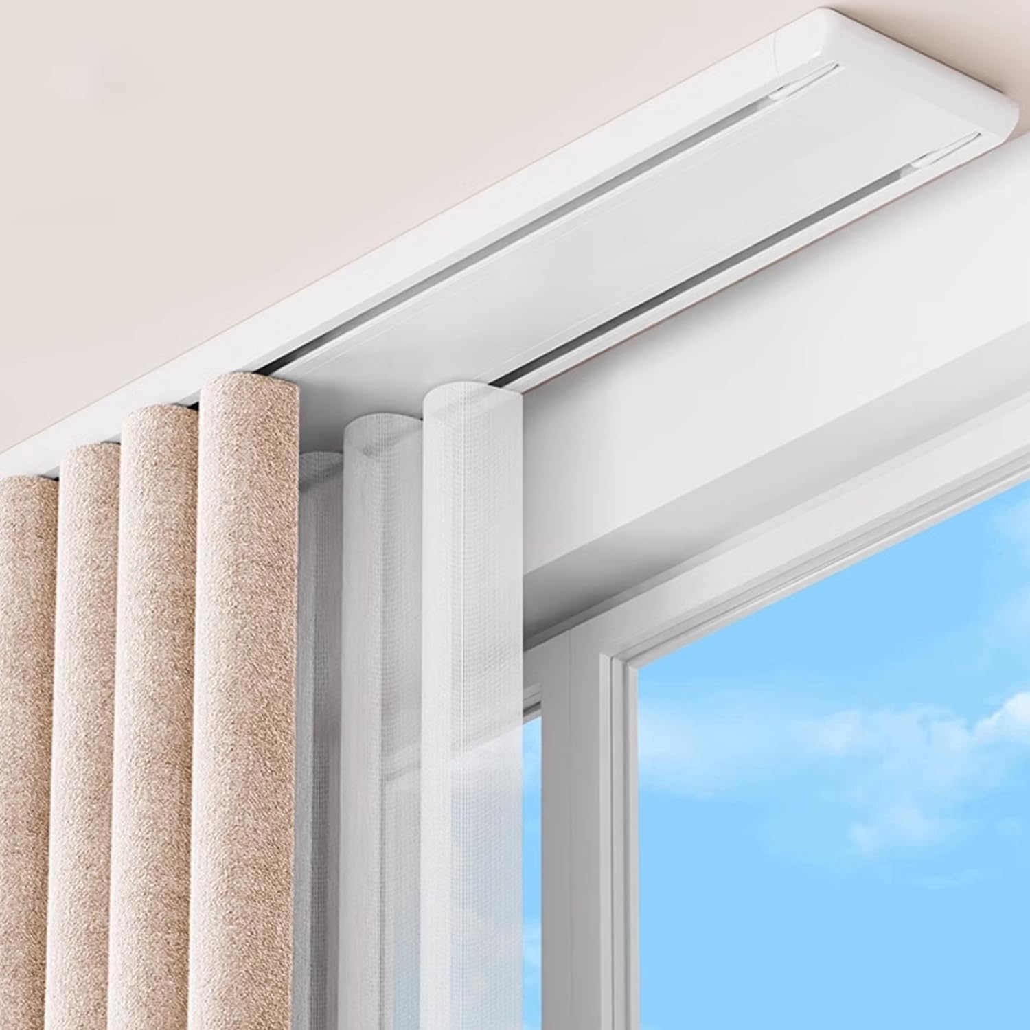 Photo 1 of  Double Row Curtain Track Ceiling Mounted, Silent Heavy Duty Curtain Track System, Sliding Rails for Curtains, Room Divider for Bedroom Living Room Hospital (White, 1.4m(4.6ft)) 