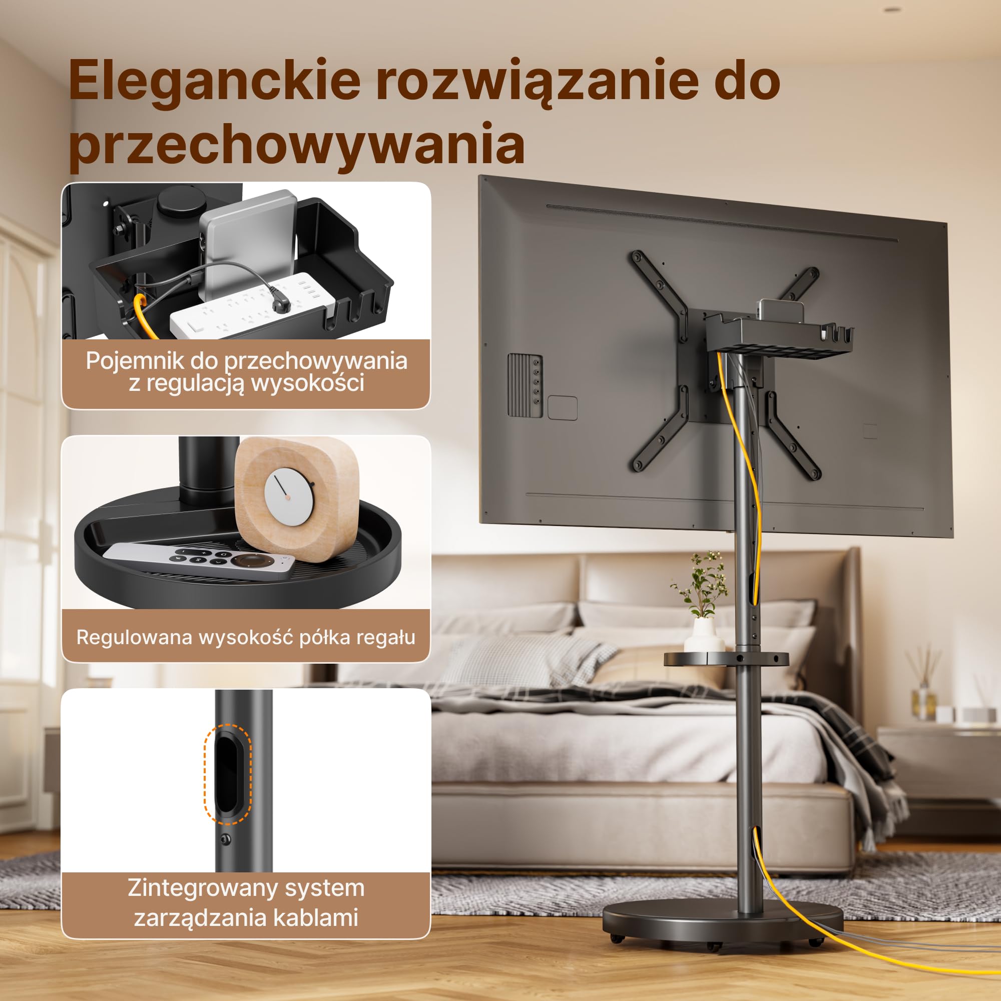 Mobilny stojak pod telewizor na kółkach – do ekranów 32–65 cali | do 40 kg– z regulacją wysokości i półką – obrót pion/poziom – maks. VESA 400x400 mm – Czarny