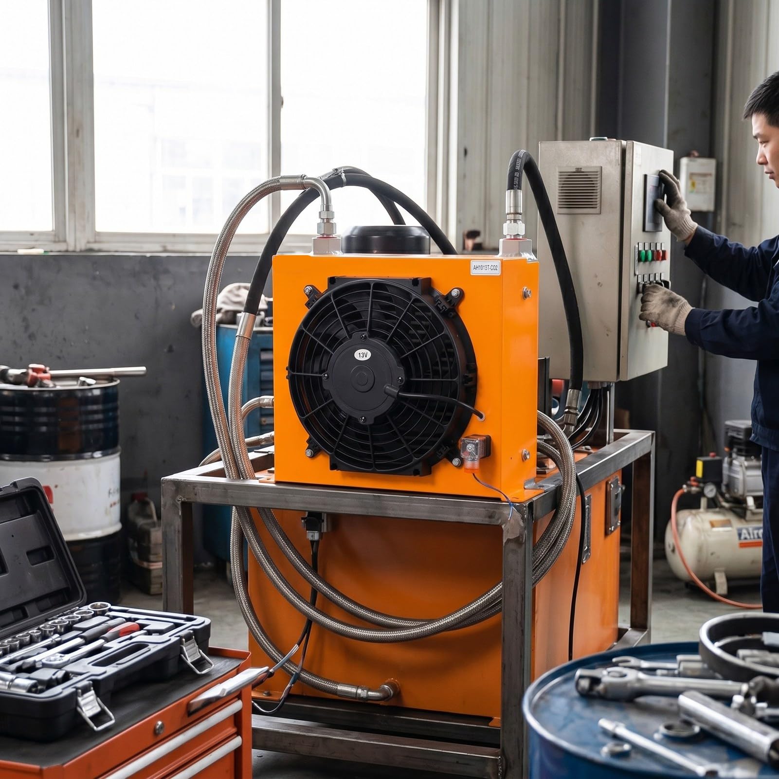 Radiatore Dell'olio Idraulico, Radiatore con Ventola Raffreddata Ad Aria da 100 L/min, Motore CC, Struttura in Metallo Resistente, per Macchinari Industriali Agricoli