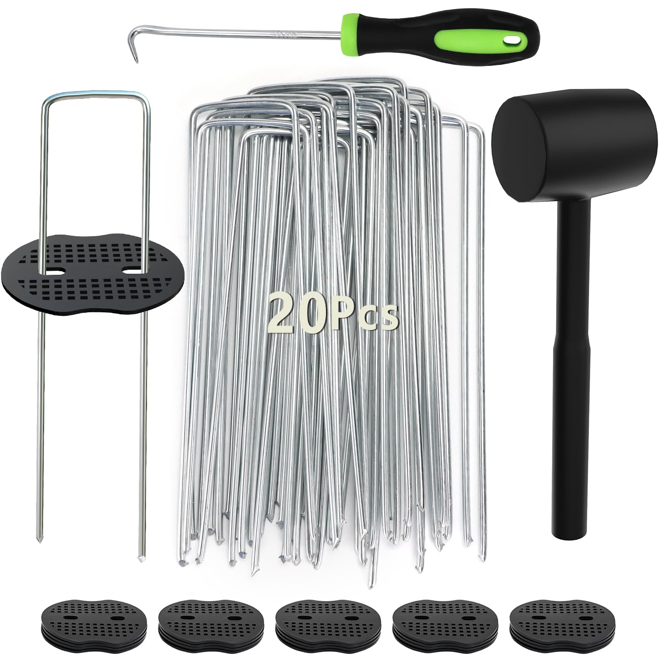 WOHOHOHO 20 Weed Control Membrane Pegs + 20 Buffer Washer, with Pick Hook and Black Hammer. 6" Artificial Grass Pegs Garden Landscape Staples Stakes for Tent Turf Weed Barrier Fabric hose fence