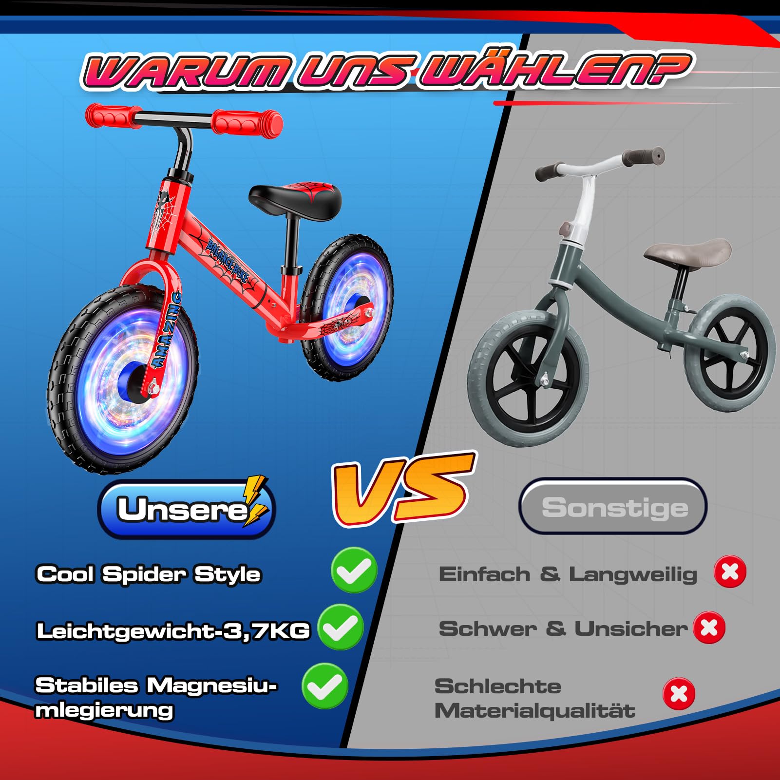 Braxel Laufrad ab 2-6 Jahre bis zu 35 kg, Balance Bike Lauflernwagen Lauflernrad Kider Spielzeug 2-6 Jahre Geschenke Jungen Mädchen, Lenkrad und Sattel Höhenverstellbar