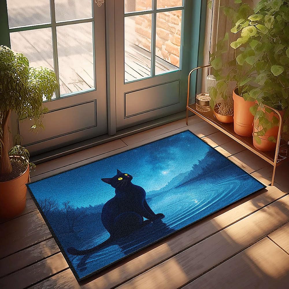 Paillasson extérieur chat noir assis 65x90 cm grand tapis de bureau