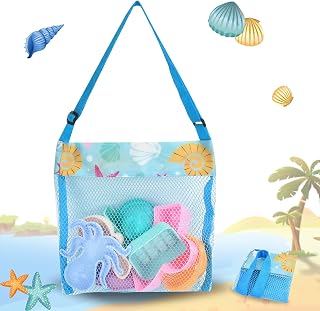 sac plage,rangement jouet enfant,sac de rangement,sac fourre tout,filet rangement jouet bain,Utilisation de vacances en famille, pliable, convient aux aux jouets de plage (Bleu, 23*23cm)