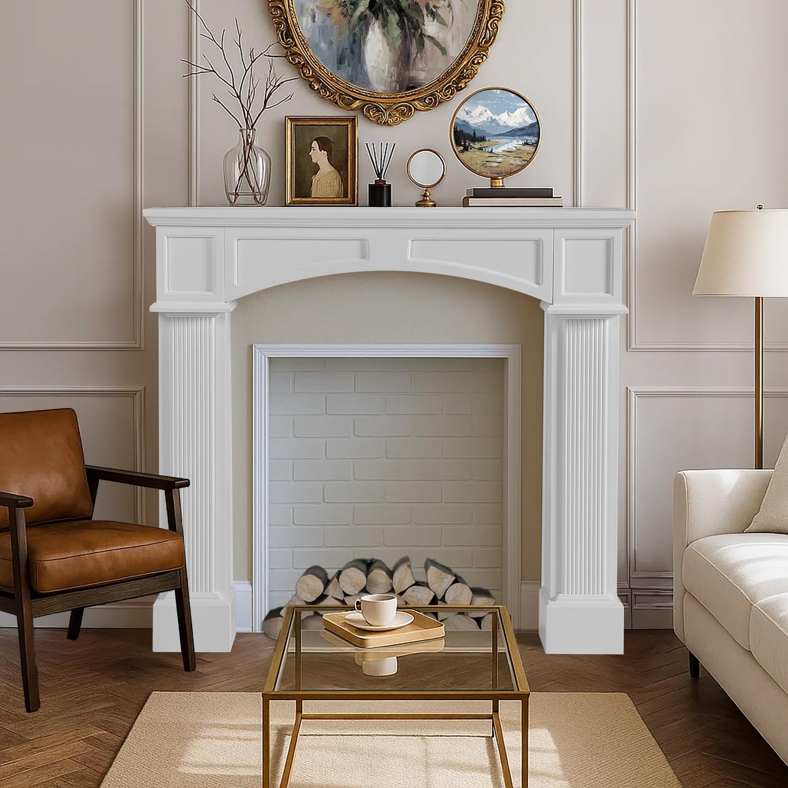 Modern Fireplace Mantel Surround, White Freestanding Surround Mantel for Electric Fireplaces, Waterproof &amp; Anti-Tipping, Premium MDF Wooden Mantel with Leg for Living Room