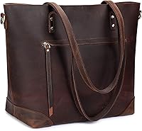 S-ZONE Vintage Crazy Horse Leather Tote Bag for Women - Large Work Shoulder Purse with 15.6" Laptop Compartment & Adjustable Strap