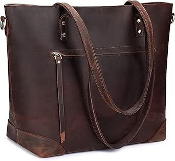 S-ZONE Vintage Genuine Leather Shoulder Bag Work Totes for Women Purse Handbag with Back Zipper Pocket Large